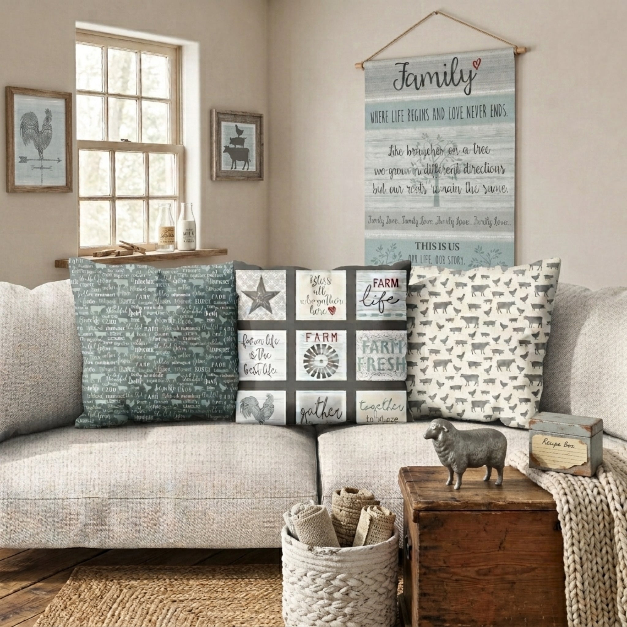 Farm Sweet Farm cushions and family panel wall hanging in grey teal and cream styled in a cosy farmhouse living room