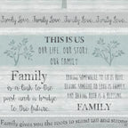 Family quotes tree motif heartfelt words grey teal wood grain panel fabric for family quilts wall hangings and keepsake gifts