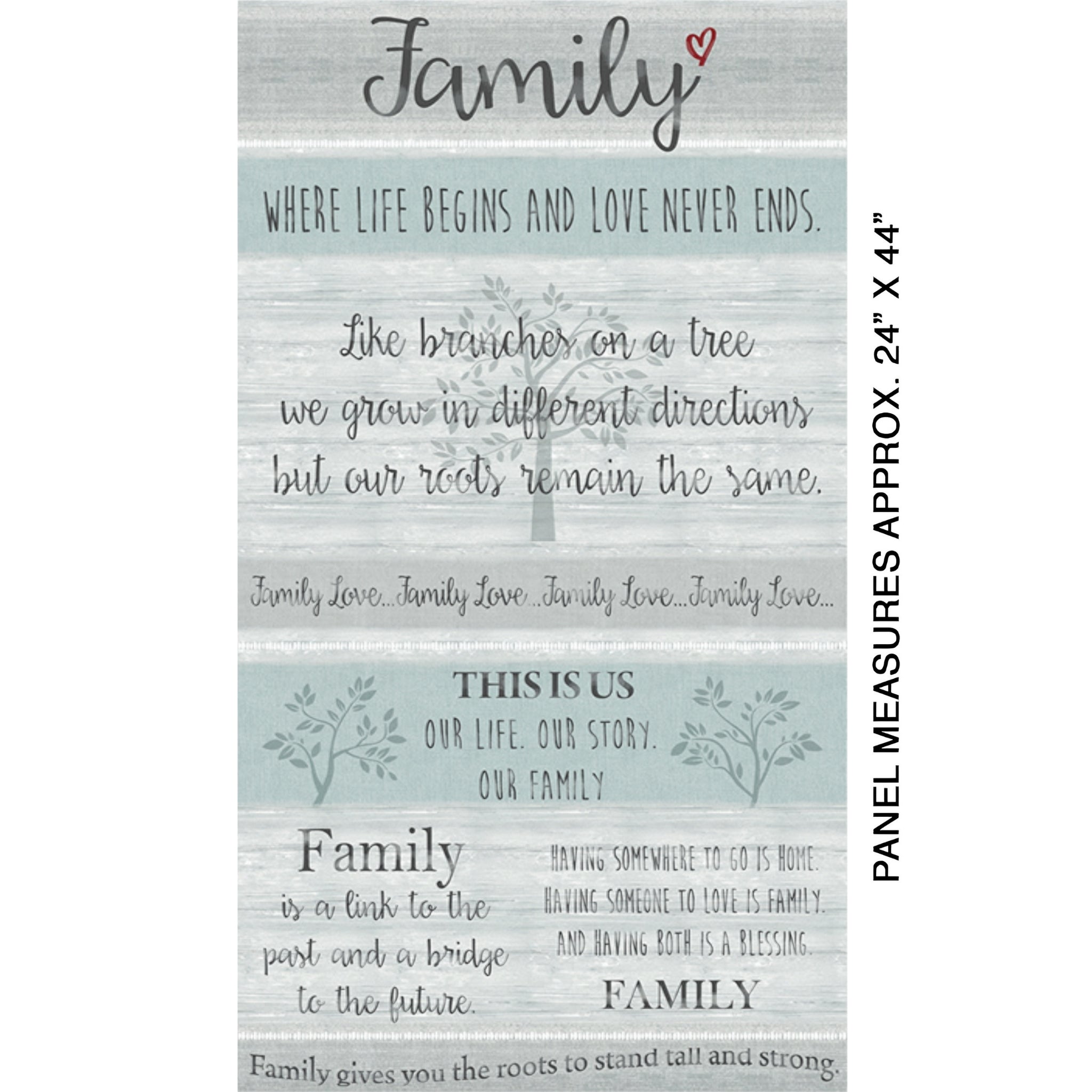 Family quotes panel grey teal wood grain 24 x 44 inch fabric for family quilts wall hangings and keepsake gifts