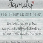 Family quotes tree motif heartfelt words grey teal wood grain panel fabric for family quilts wall hangings and keepsake gifts