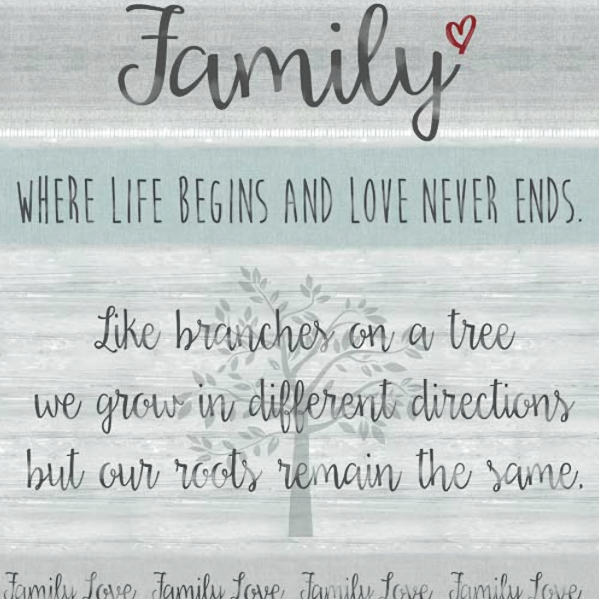 Family quotes tree motif heartfelt words grey teal wood grain panel fabric for family quilts wall hangings and keepsake gifts