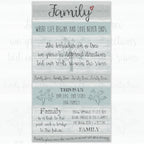 Family quotes tree motif heartfelt words grey teal wood grain panel fabric for family quilts wall hangings and keepsake gifts