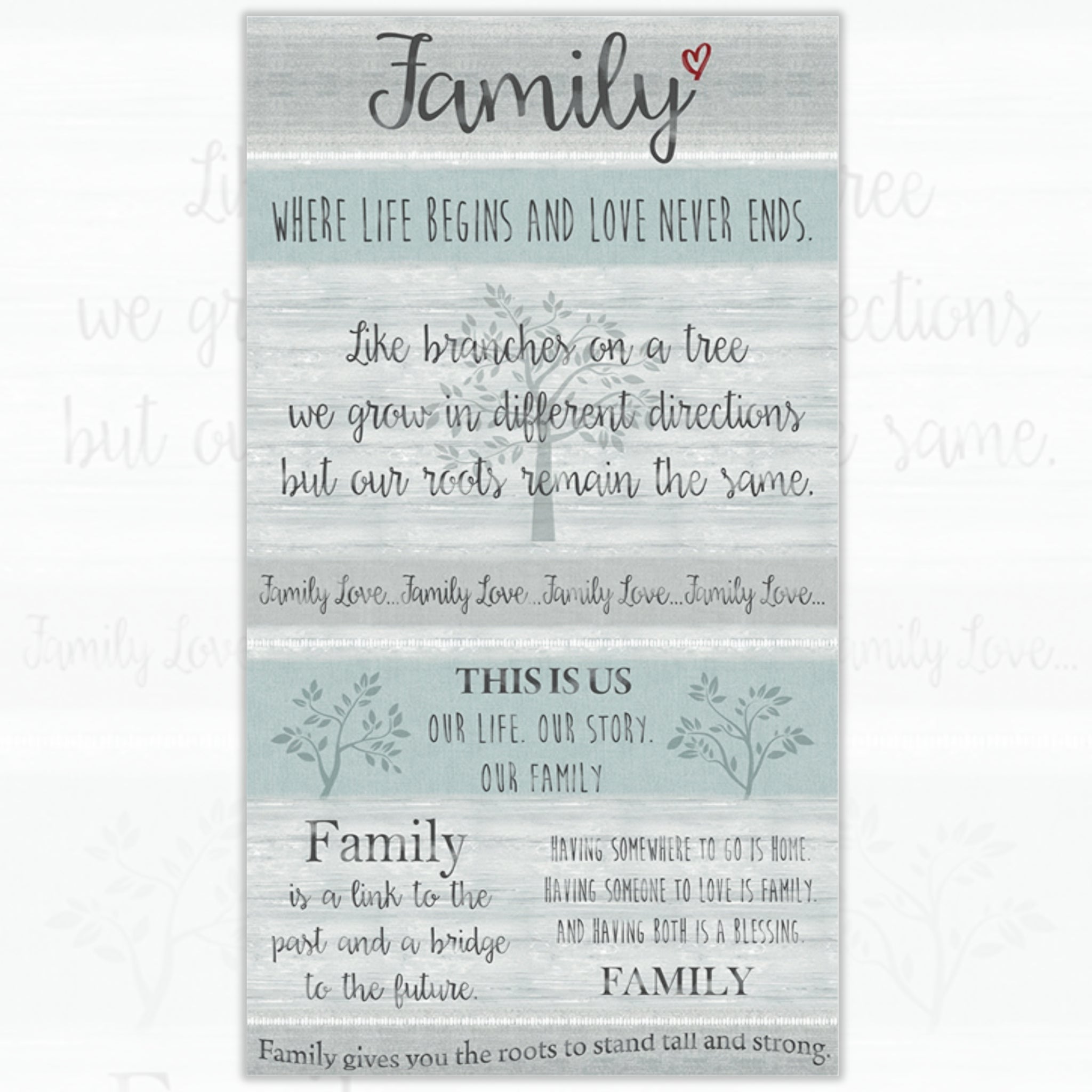 Family quotes tree motif heartfelt words grey teal wood grain panel fabric for family quilts wall hangings and keepsake gifts