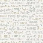 Family sentiment words cherish blessed gather roots thankful kindness memories grey sage taupe cream fabric for family quilts cushion covers and keepsake gifts