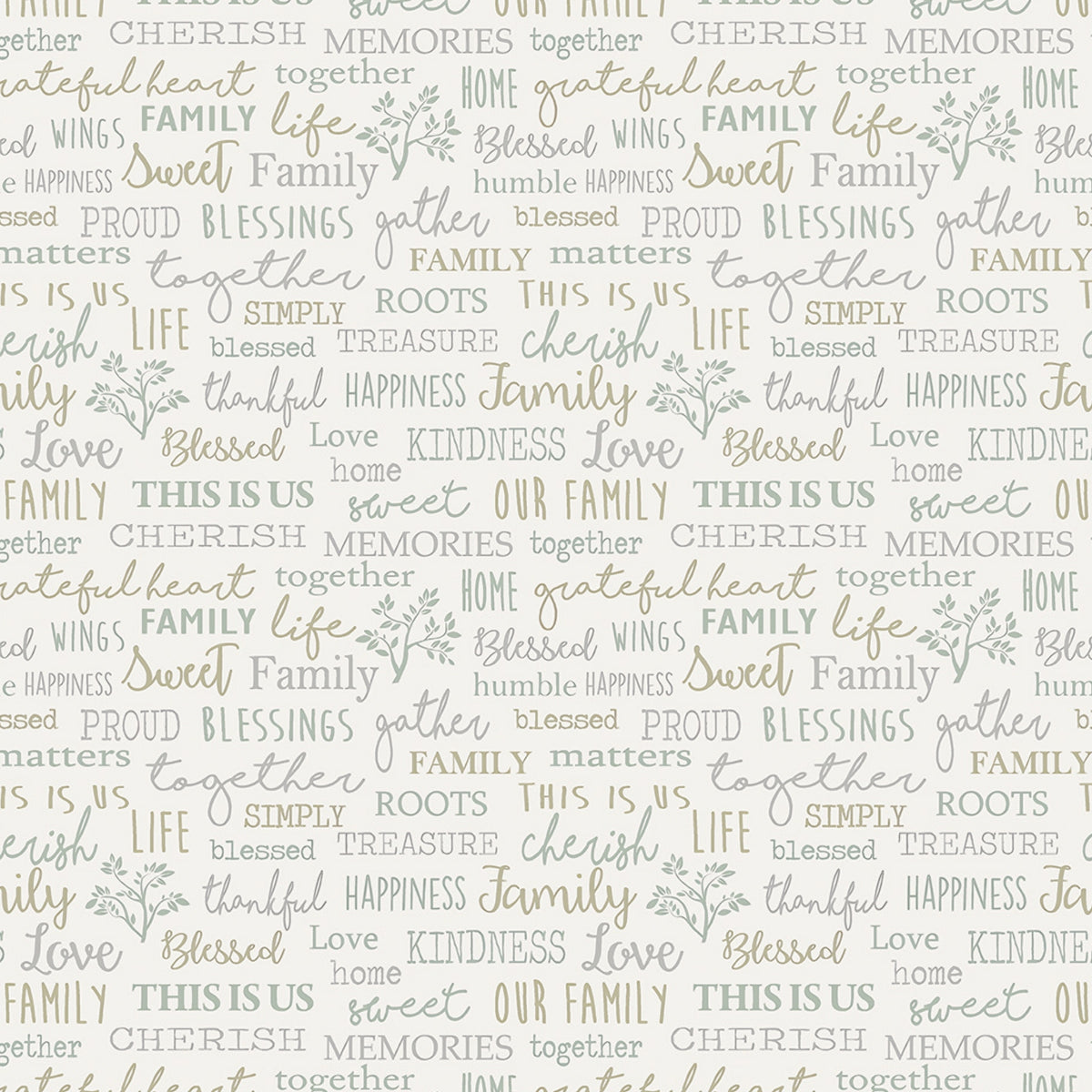 Family sentiment words cherish blessed gather roots thankful kindness memories grey sage taupe cream fabric for family quilts cushion covers and keepsake gifts