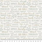 Family sentiment words cherish blessed gather roots thankful kindness memories grey sage taupe cream fabric for family quilts cushion covers and keepsake gifts