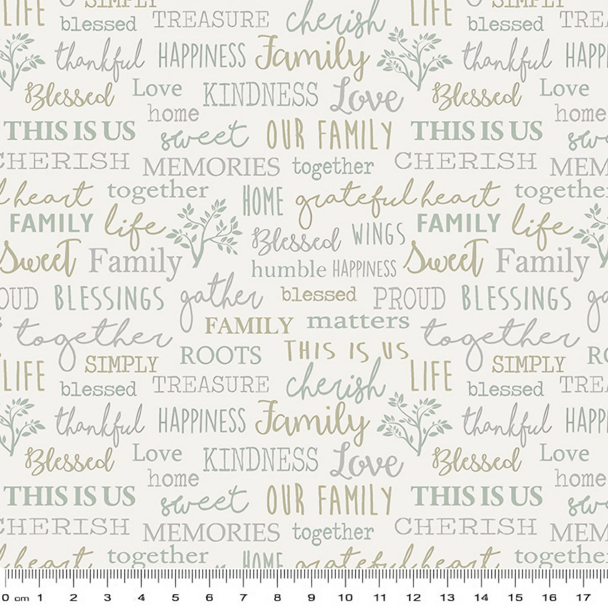 Family sentiment words cherish blessed gather roots thankful kindness memories grey sage taupe cream fabric for family quilts cushion covers and keepsake gifts