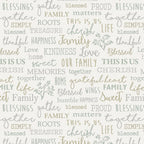 Family sentiment words cherish blessed gather roots thankful kindness memories grey sage taupe cream fabric for family quilts cushion covers and keepsake gifts