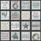 Farmhouse quote and motif squares panel grey teal cream red charcoal blocks rooster barn star windmill farm animals for fussy-cut quilts wall hangings and farmer gifts