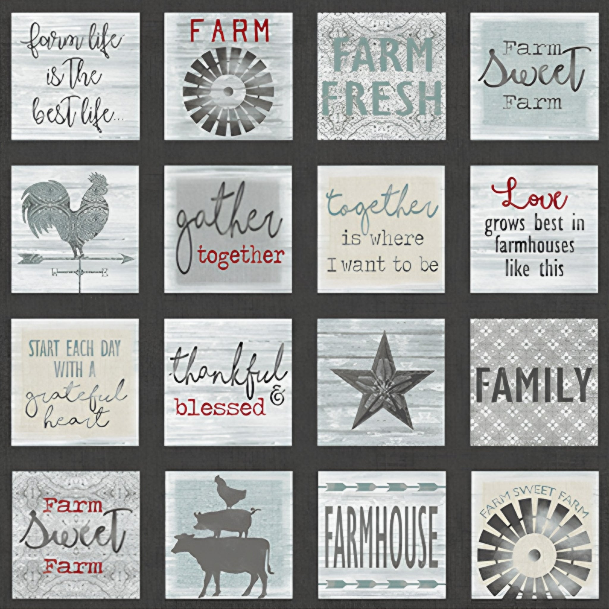 Farmhouse quote and motif squares panel grey teal cream red charcoal blocks rooster barn star windmill farm animals for fussy-cut quilts wall hangings and farmer gifts