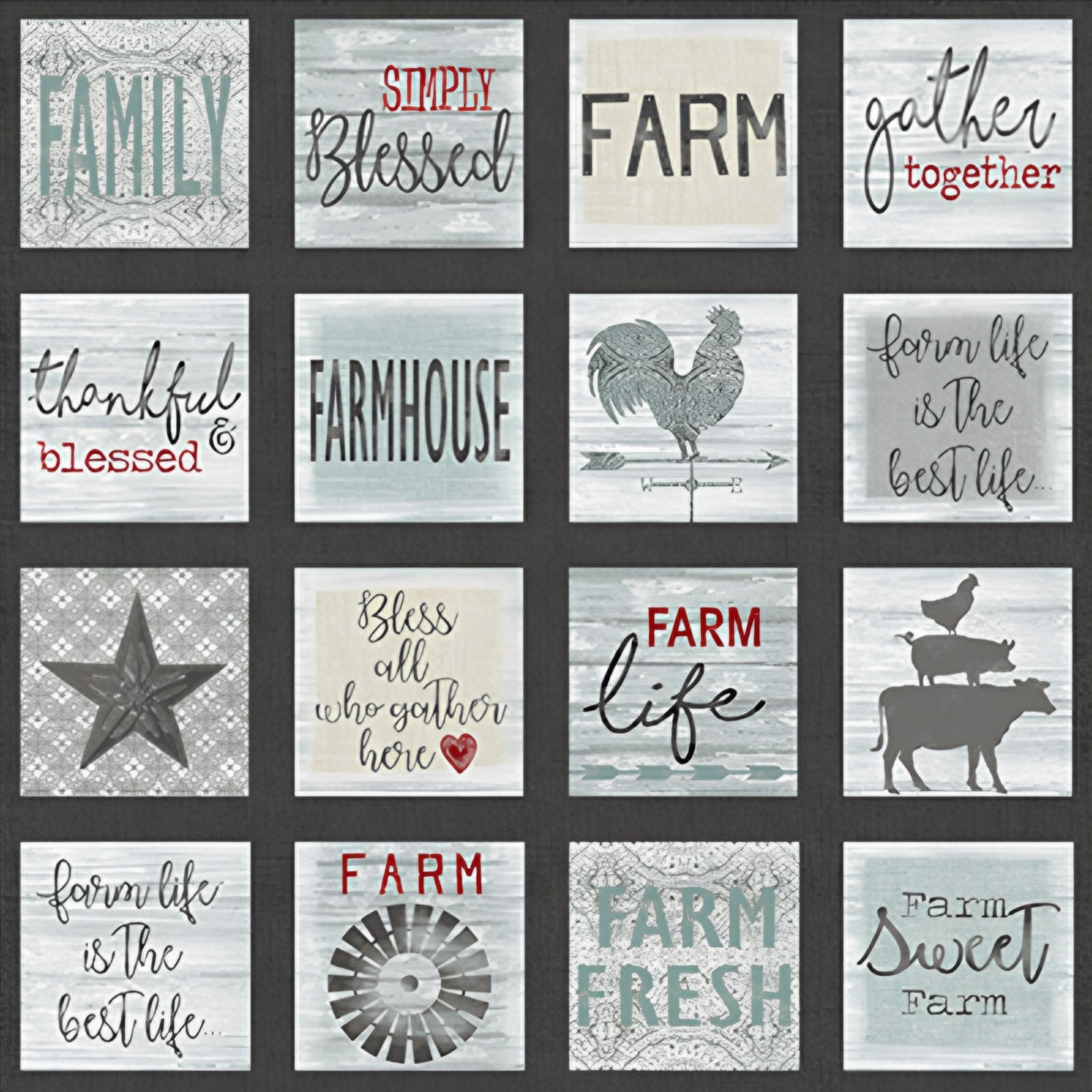 Farmhouse quote and motif squares panel grey teal cream red charcoal blocks rooster barn star windmill farm animals for fussy-cut quilts wall hangings and farmer gifts