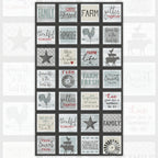Farmhouse quote and motif squares panel grey teal cream red charcoal blocks rooster barn star windmill farm animals for fussy-cut quilts wall hangings and farmer gifts