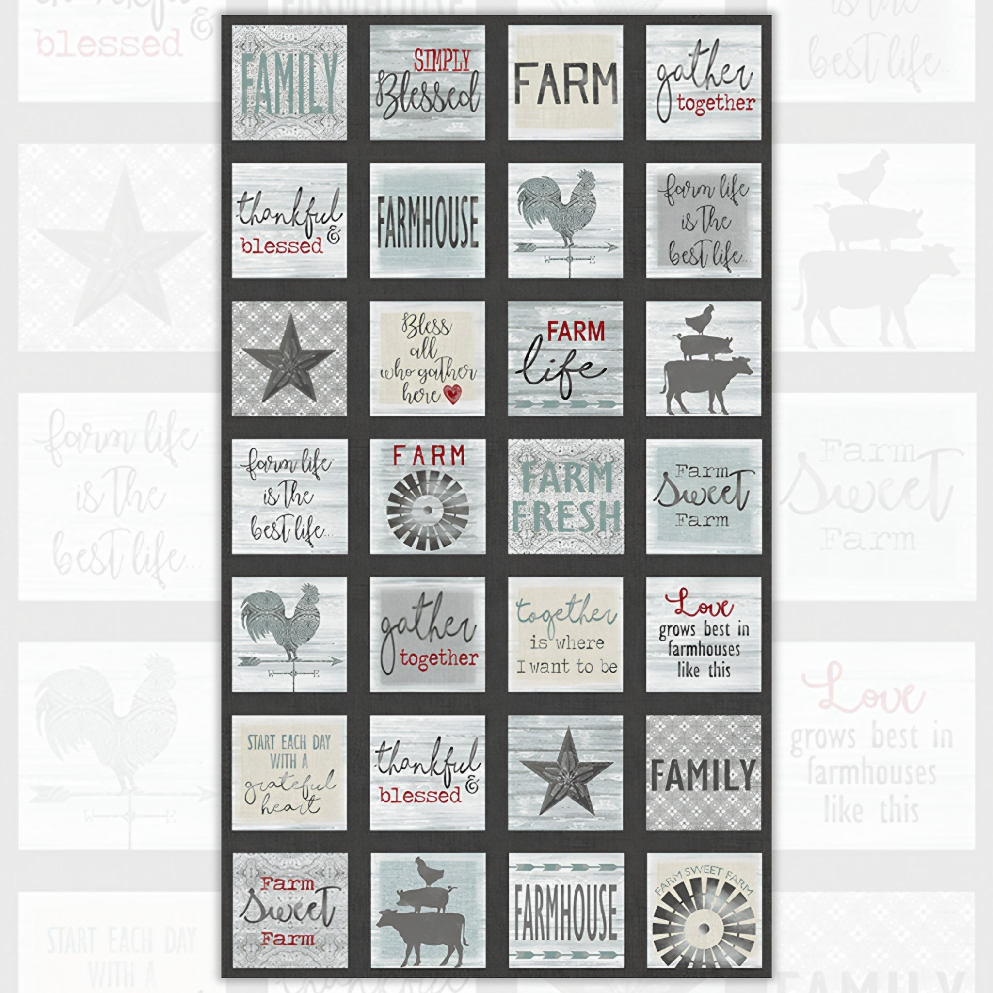 Farmhouse quote and motif squares panel grey teal cream red charcoal blocks rooster barn star windmill farm animals for fussy-cut quilts wall hangings and farmer gifts