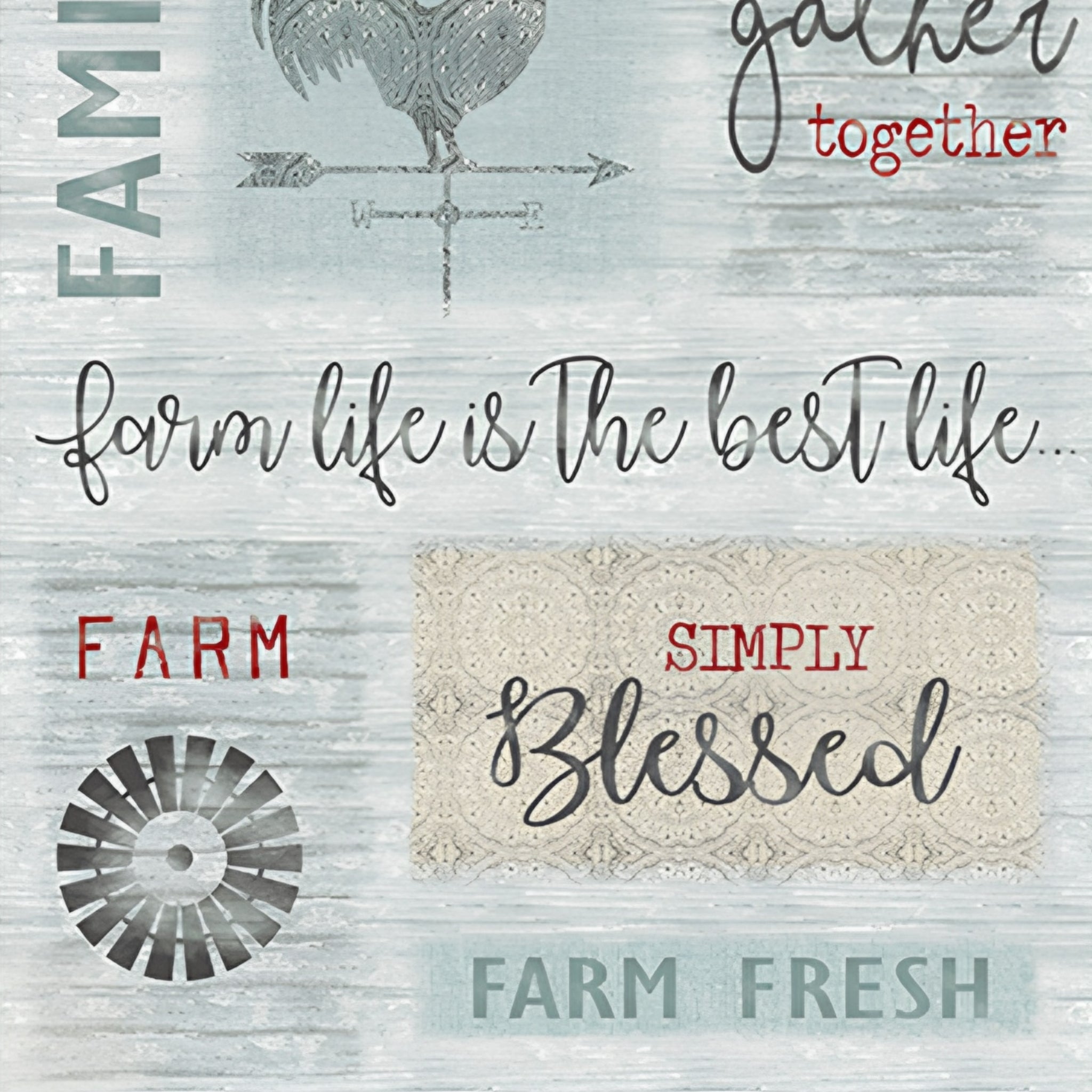 Farmhouse quotes rooster weather vane windmill barn star grey teal red farm panel fabric for quilts wall hangings and farmer gifts