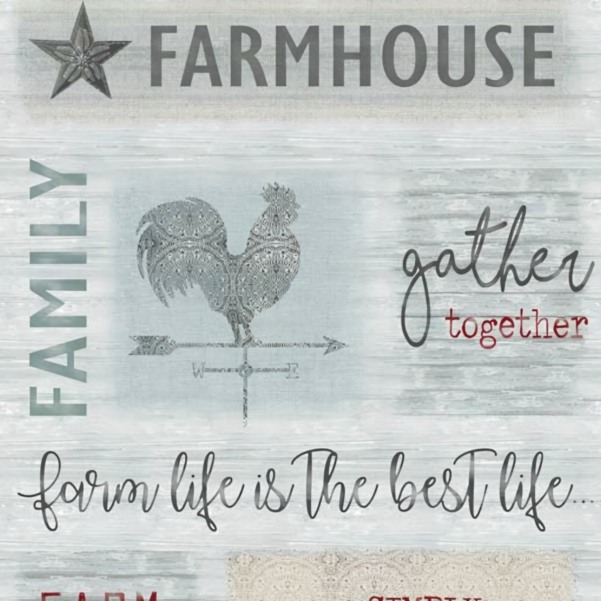Farmhouse quotes rooster weather vane windmill barn star grey teal red farm panel fabric for quilts wall hangings and farmer gifts