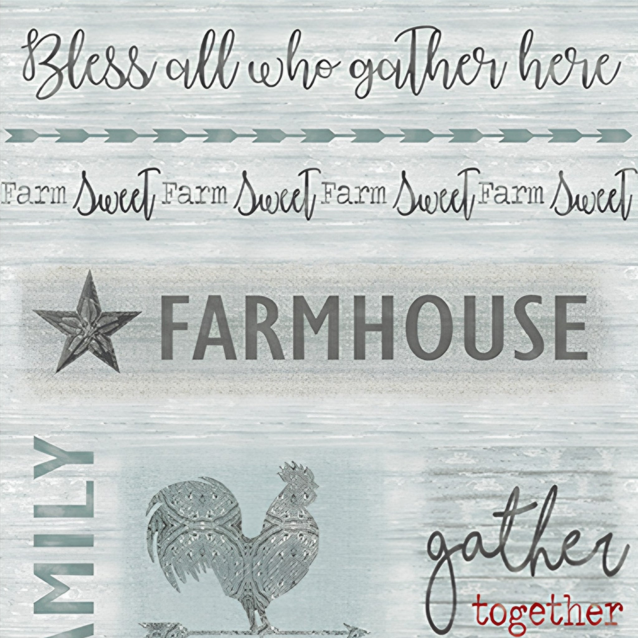 Farmhouse quotes rooster weather vane windmill barn star grey teal red farm panel fabric for quilts wall hangings and farmer gifts