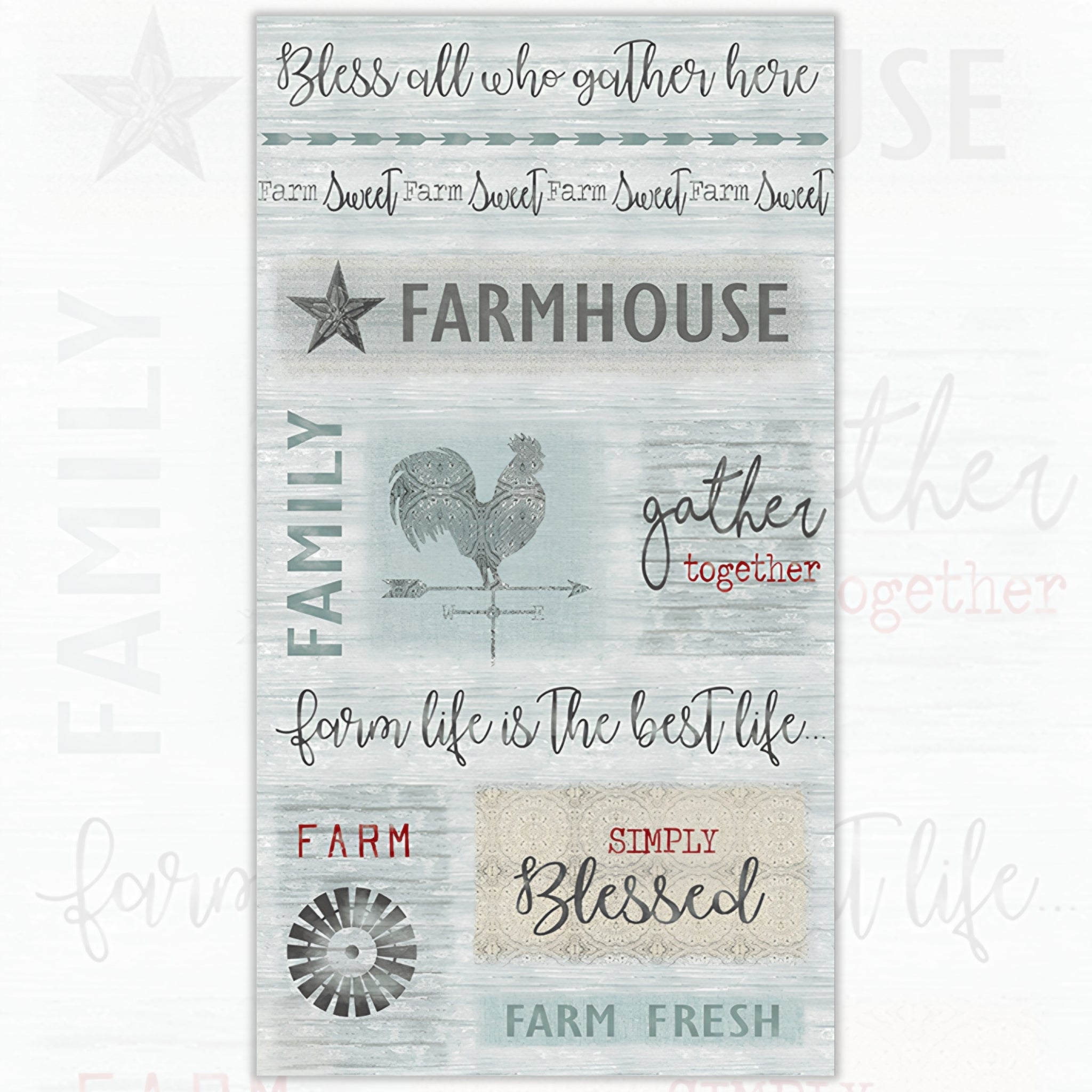 Farmhouse quotes rooster weather vane windmill barn star grey teal red farm panel fabric for quilts wall hangings and farmer gifts