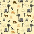 Australian outback farm animals on cream fabric with kangaroos, windmills, cows, and sheep for quilting, patchwork, and sewing