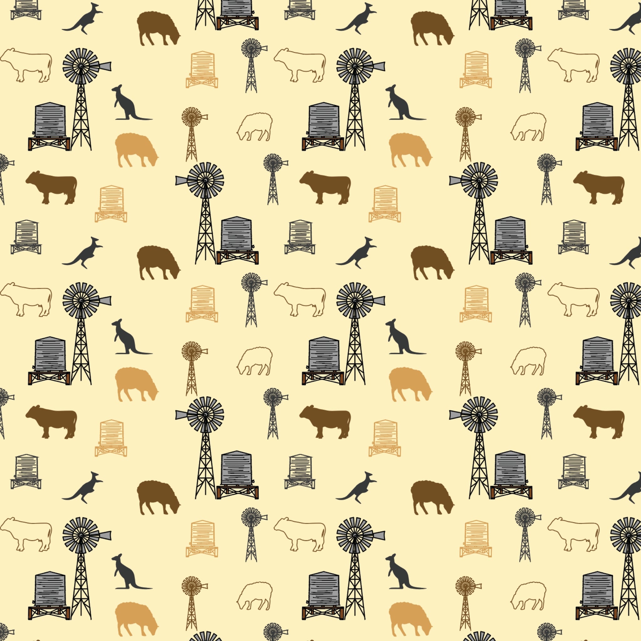 Australian outback farm animals on cream fabric with kangaroos, windmills, cows, and sheep for quilting, patchwork, and sewing