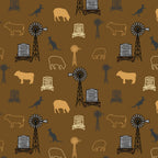 Australian outback farm animals on tan fabric with kangaroos, windmills, cows, and sheep for quilting, patchwork, and sewing