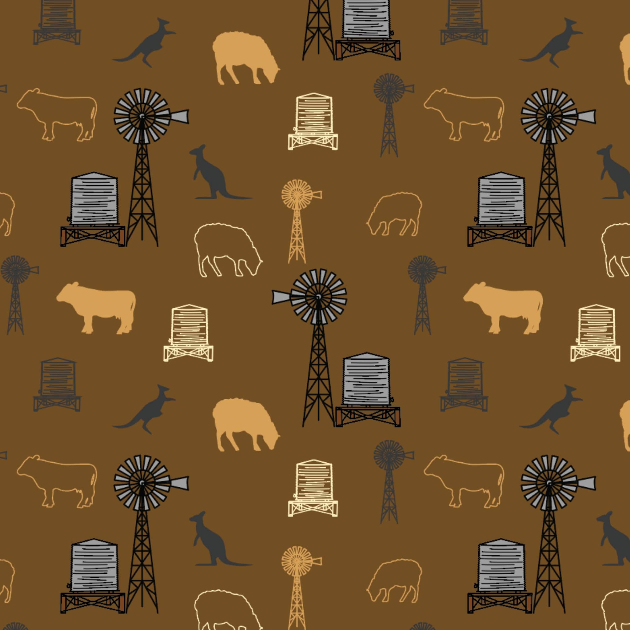 Australian outback farm animals on tan fabric with kangaroos, windmills, cows, and sheep for quilting, patchwork, and sewing