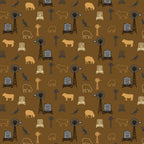 Australian outback farm animals on tan fabric with kangaroos, windmills, cows, and sheep for quilting, patchwork, and sewing
