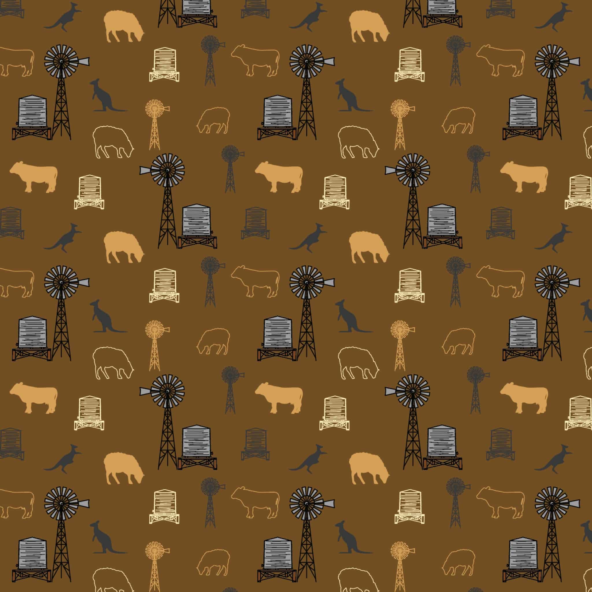 Australian outback farm animals on tan fabric with kangaroos, windmills, cows, and sheep for quilting, patchwork, and sewing