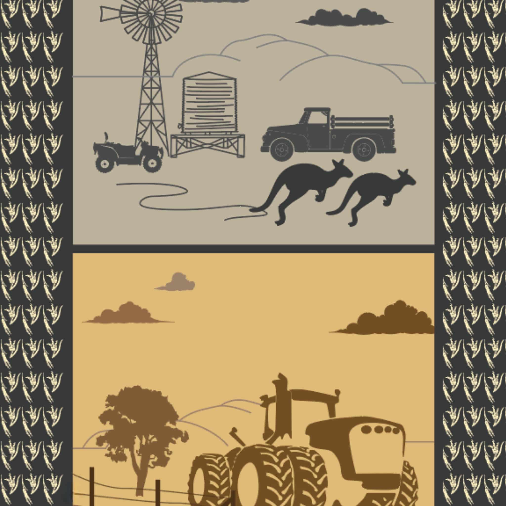 Farmers Fighting Spirit farm panel showing Australiana country scenes with farm animals and rural motifs