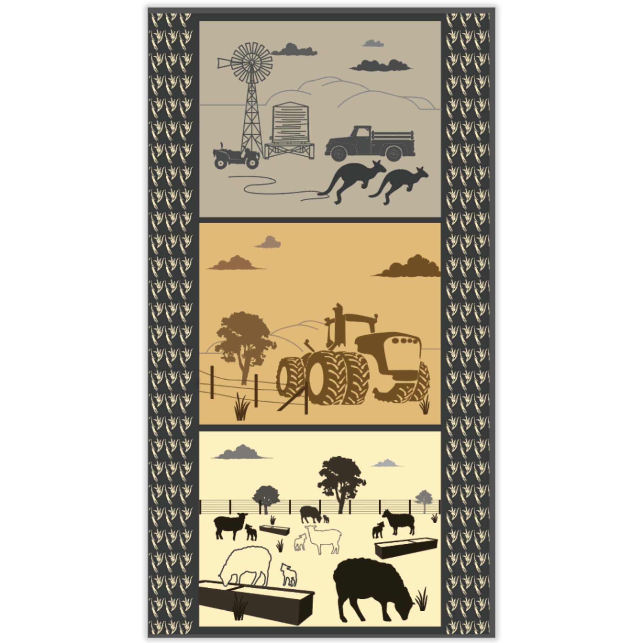 Australian farm panel with outback scenes featuring kangaroos, sheep, cattle, and windmills for quilting and patchwork projects