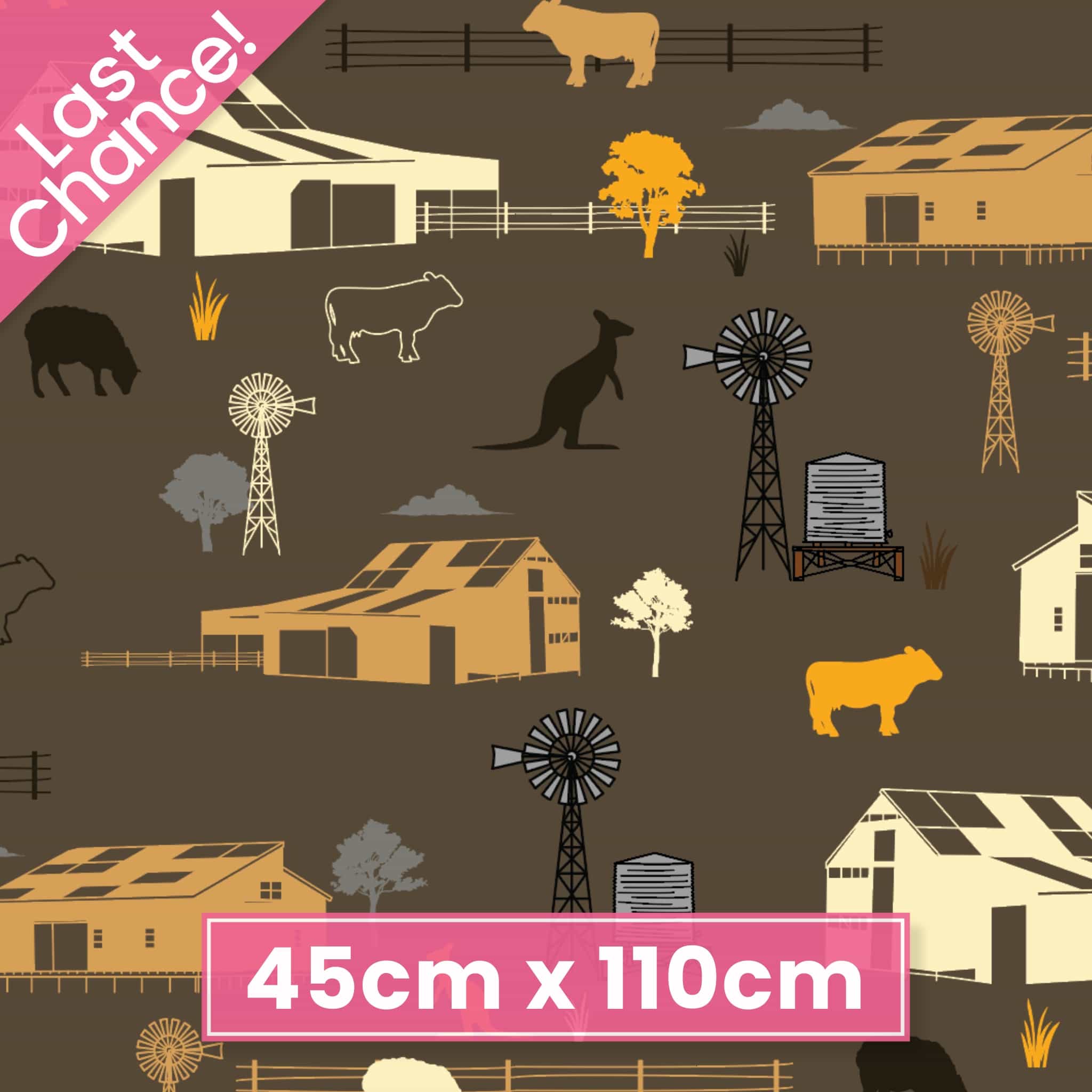 Australian farm scene with shearing sheds, windmills, livestock and kangaroos on brown quilting cotton fabric for Australiana quilts