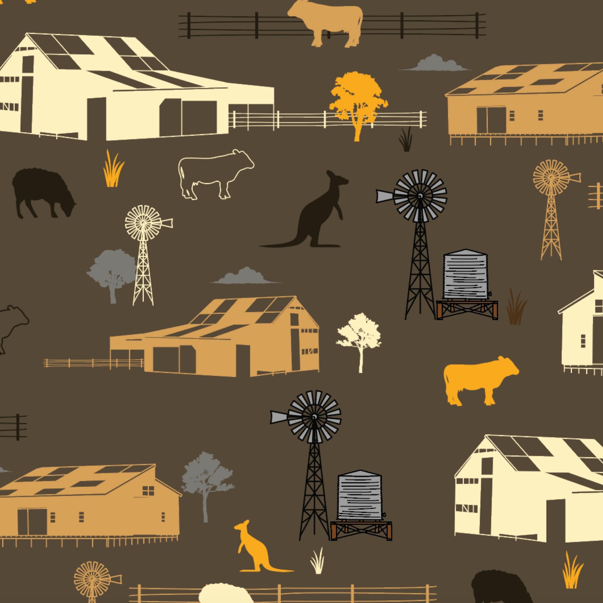 Australian outback farm sheds on brown fabric with shearing sheds, windmills, kangaroos, and livestock for quilting, patchwork, and sewing