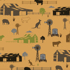 Australian outback farm sheds on tan fabric with shearing sheds, windmills, kangaroos, and livestock for quilting, patchwork, and sewing