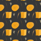 Australiana hay bales print on black background showing country farm landscape for quilting projects