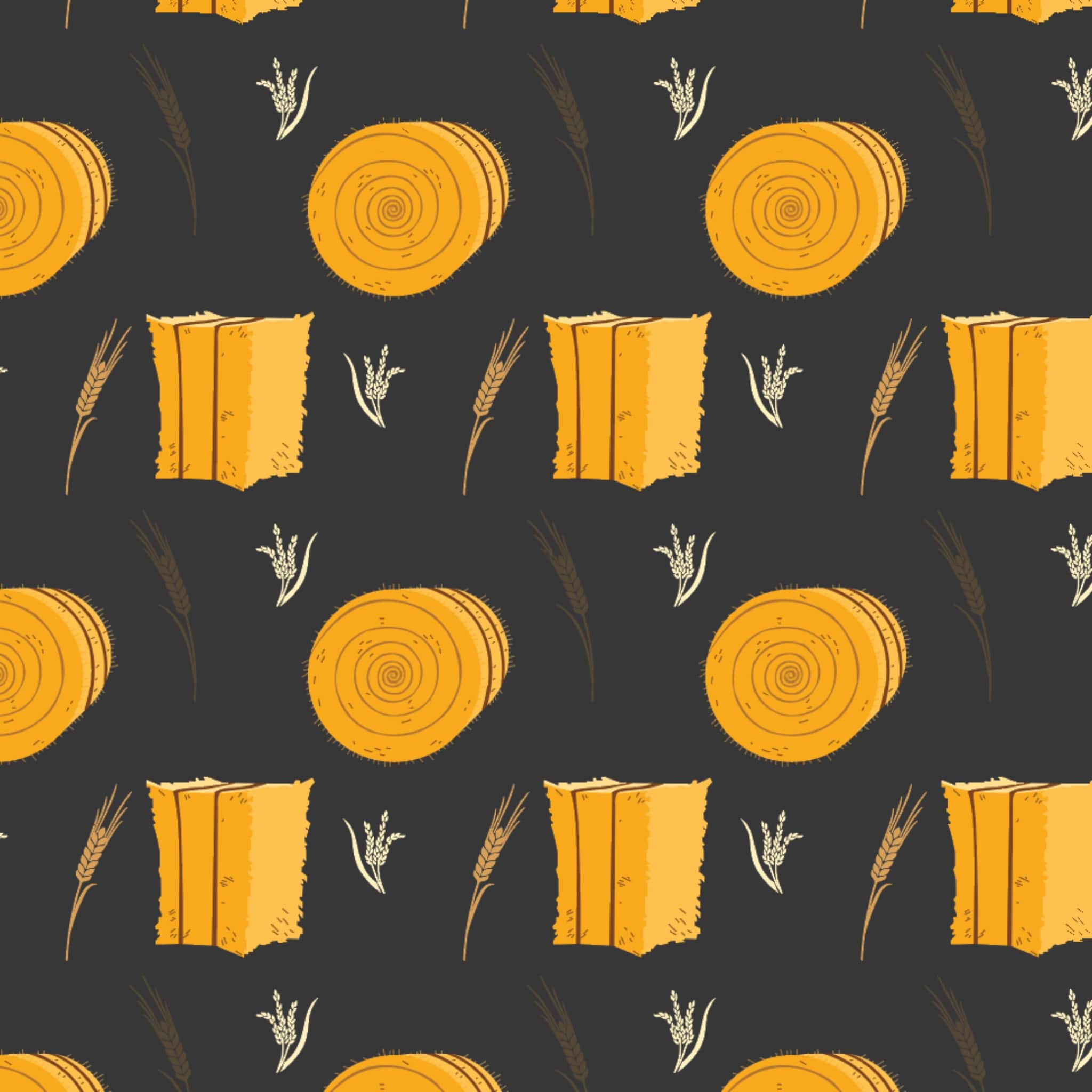 Australiana hay bales print on black background showing country farm landscape for quilting projects