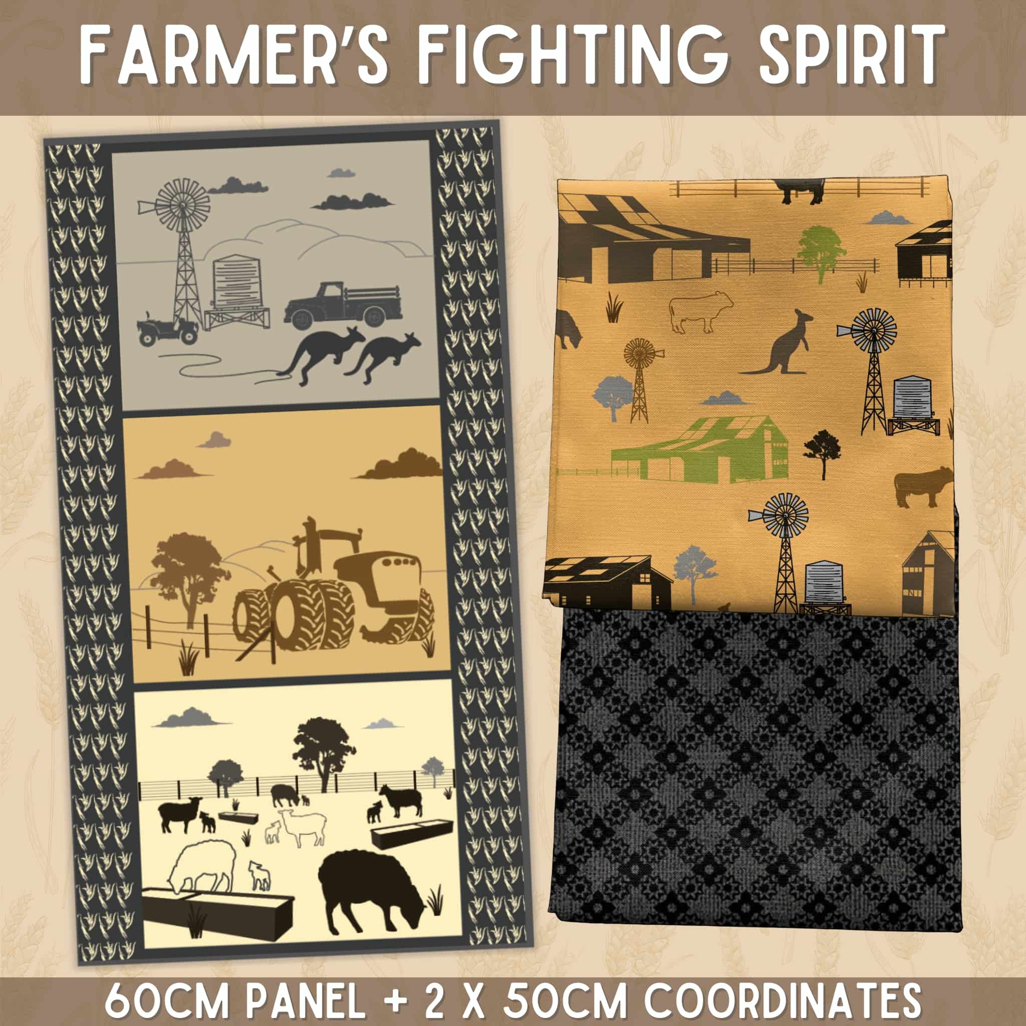 Australian farm panel and coordinate fabrics bundle with outback scenes for quilting, patchwork, and sewing projects