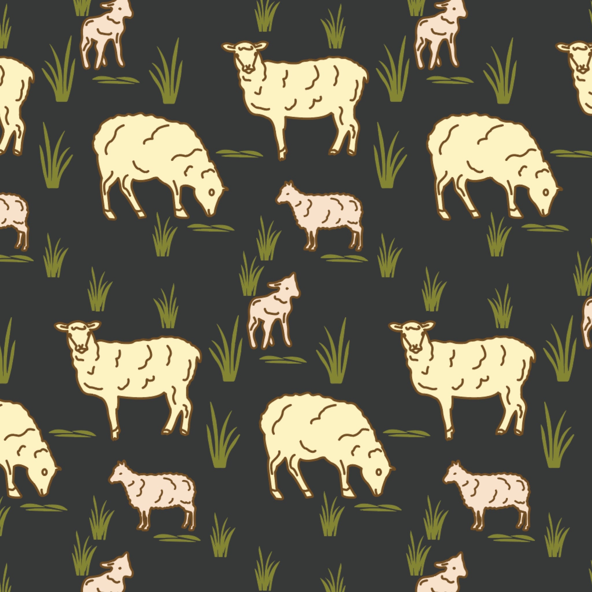 Australian sheep and lambs on black fabric with farm animals and outback motifs for quilting, patchwork, and sewing