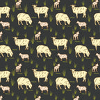Australian sheep and lambs on black fabric with farm animals and outback motifs for quilting, patchwork, and sewing