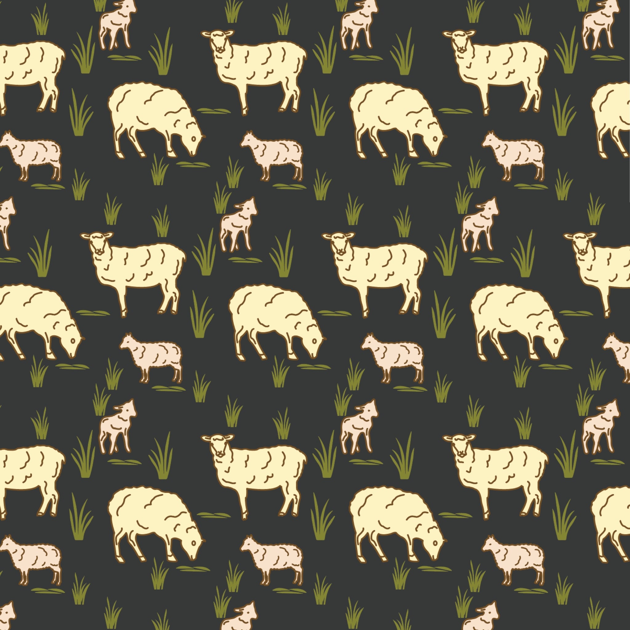 Australian sheep and lambs on black fabric with farm animals and outback motifs for quilting, patchwork, and sewing