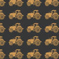 Australian outback tractors on black fabric with farm machinery and rural motifs for quilting, patchwork, and sewing