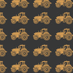 Australian outback tractors on black fabric with farm machinery and rural motifs for quilting, patchwork, and sewing