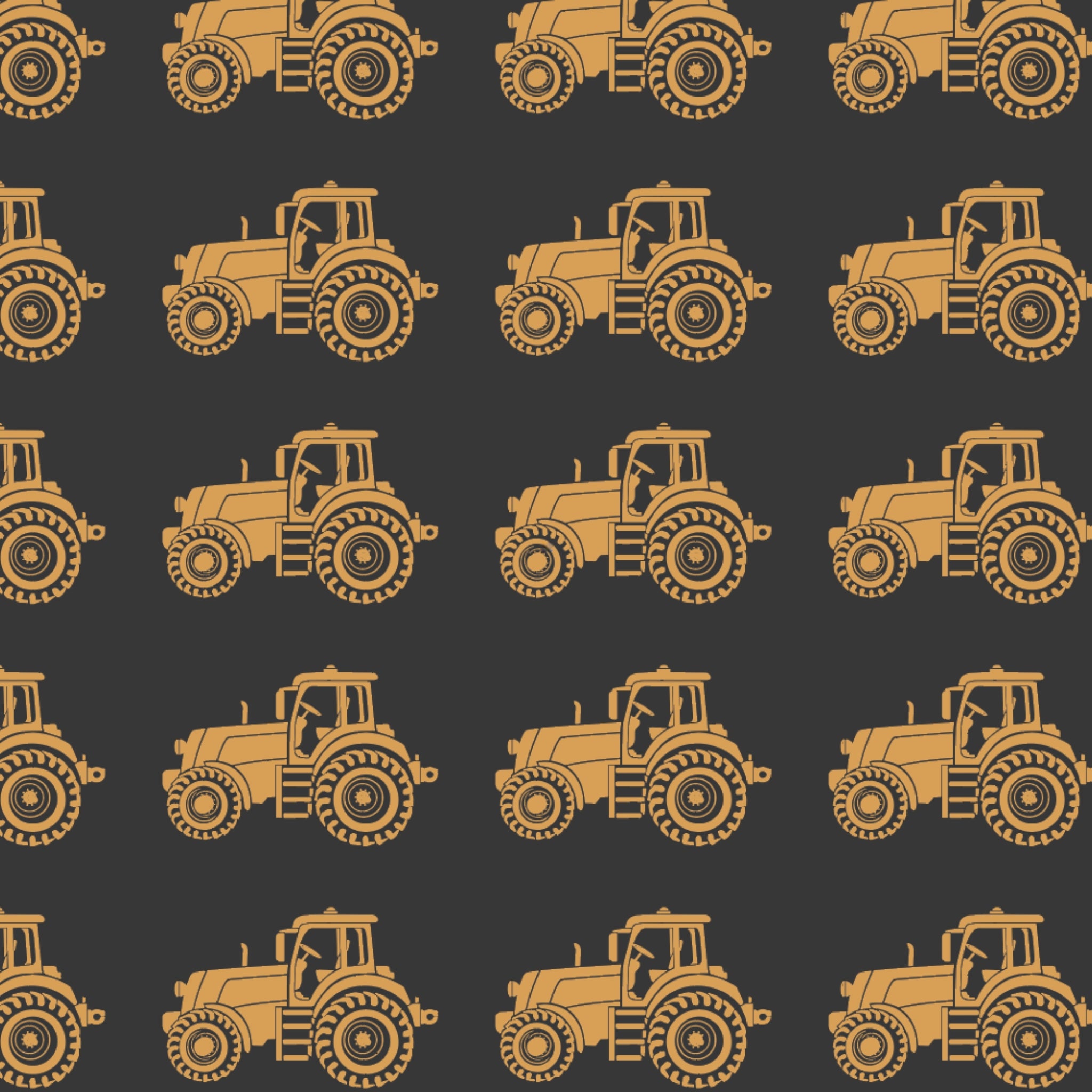 Australian outback tractors on black fabric with farm machinery and rural motifs for quilting, patchwork, and sewing