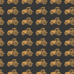 Australian outback tractors on black fabric with farm machinery and rural motifs for quilting, patchwork, and sewing