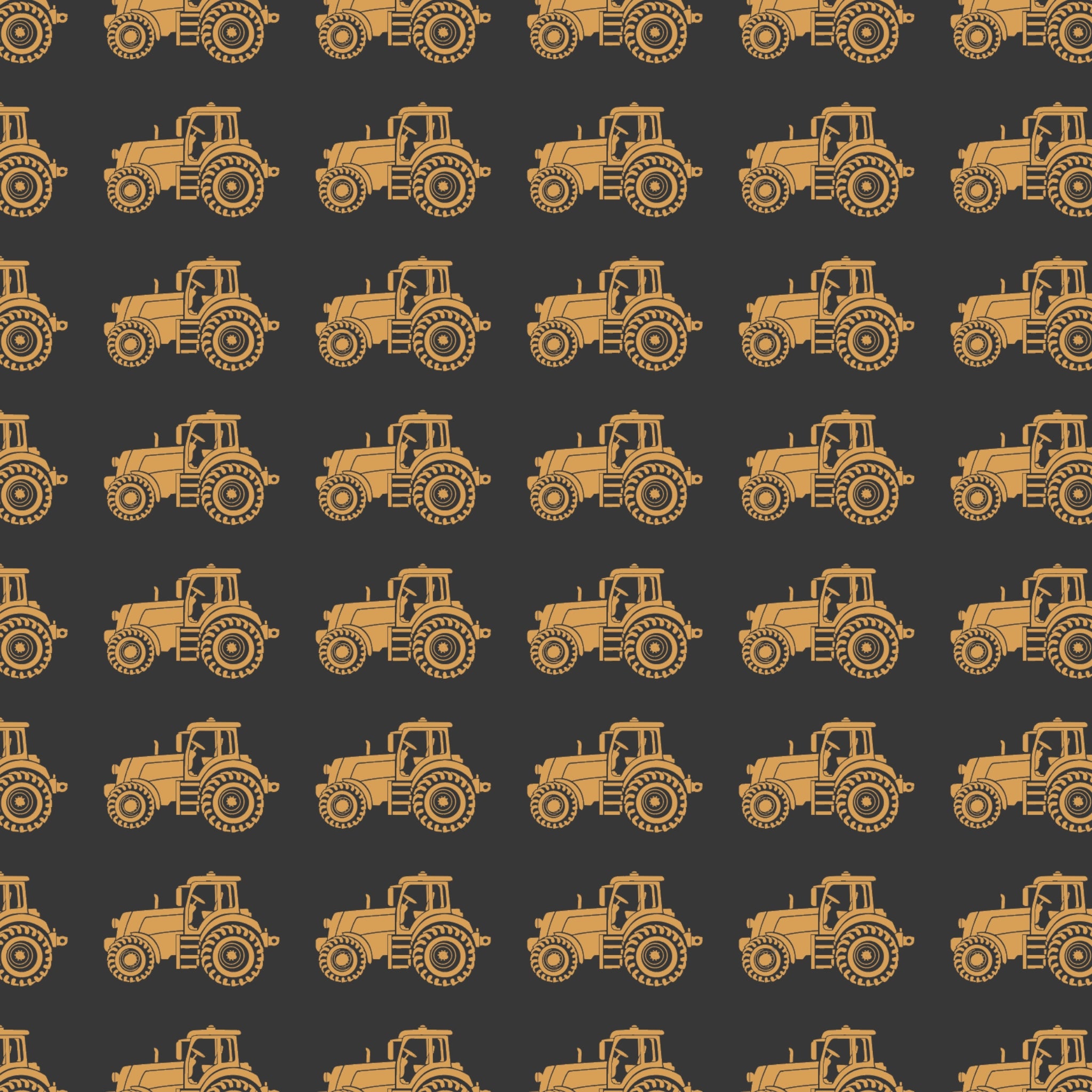 Australian outback tractors on black fabric with farm machinery and rural motifs for quilting, patchwork, and sewing