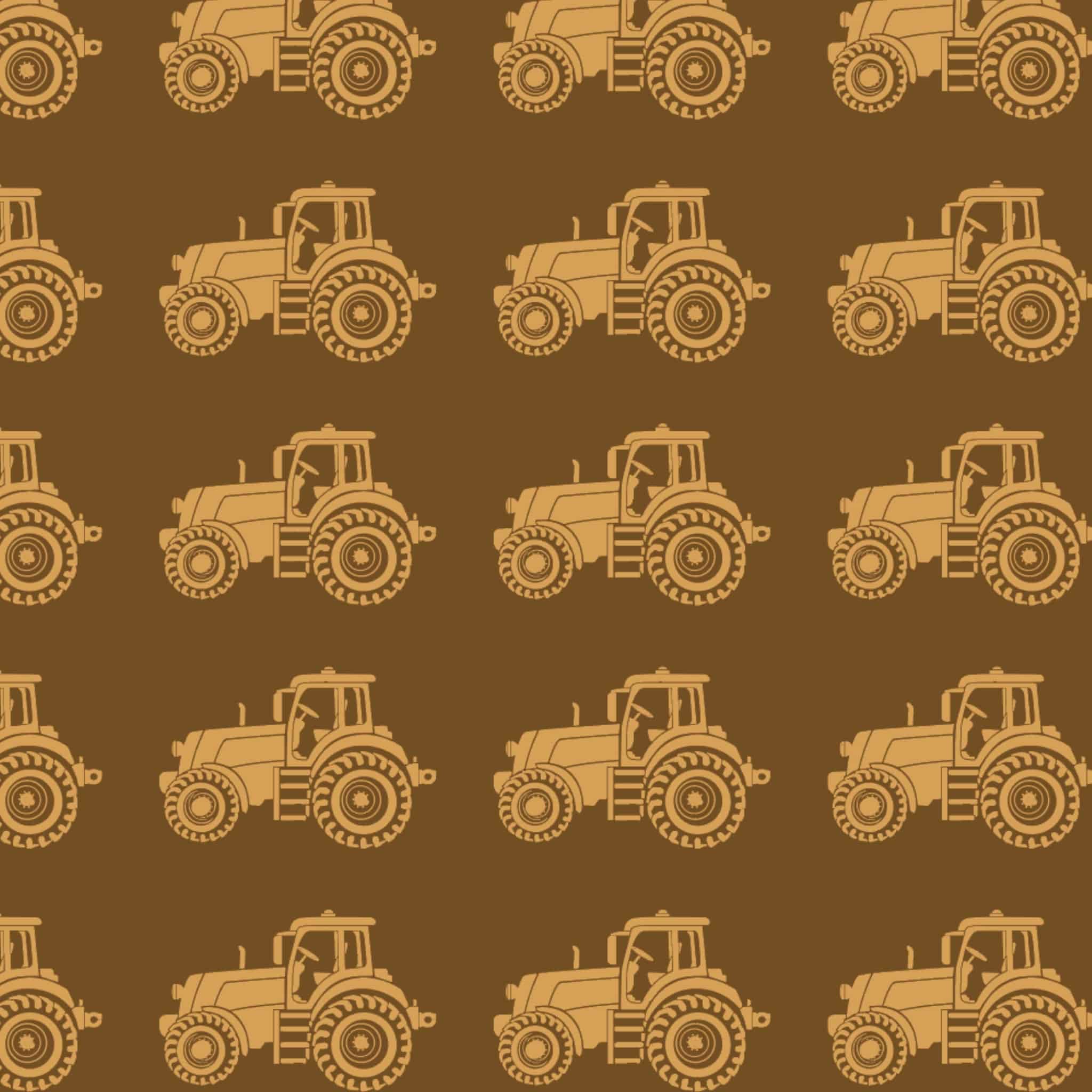 Australian outback tractors on tan brown fabric with farm machinery and rural motifs for quilting, patchwork, and sewing