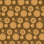 Australian outback wagon wheels on brown fabric with farm machinery and rural motifs for quilting, patchwork, and sewing