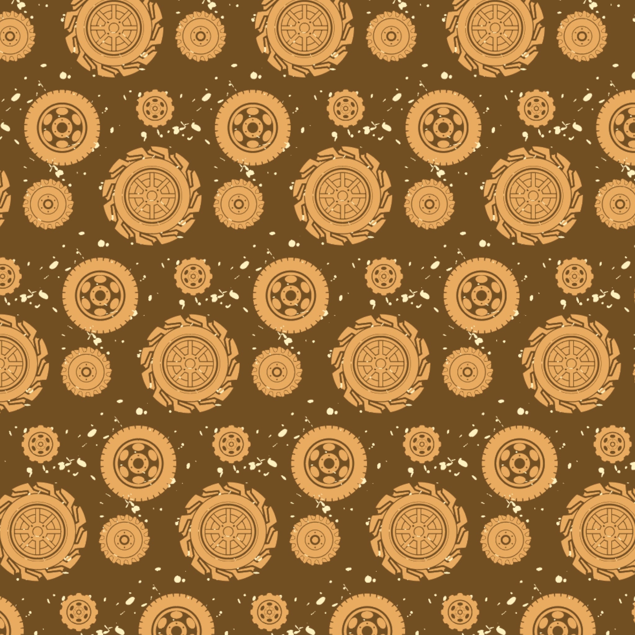 Australian outback wagon wheels on brown fabric with farm machinery and rural motifs for quilting, patchwork, and sewing