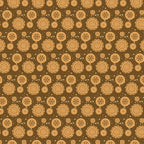 Australian outback wagon wheels on brown fabric with farm machinery and rural motifs for quilting, patchwork, and sewing