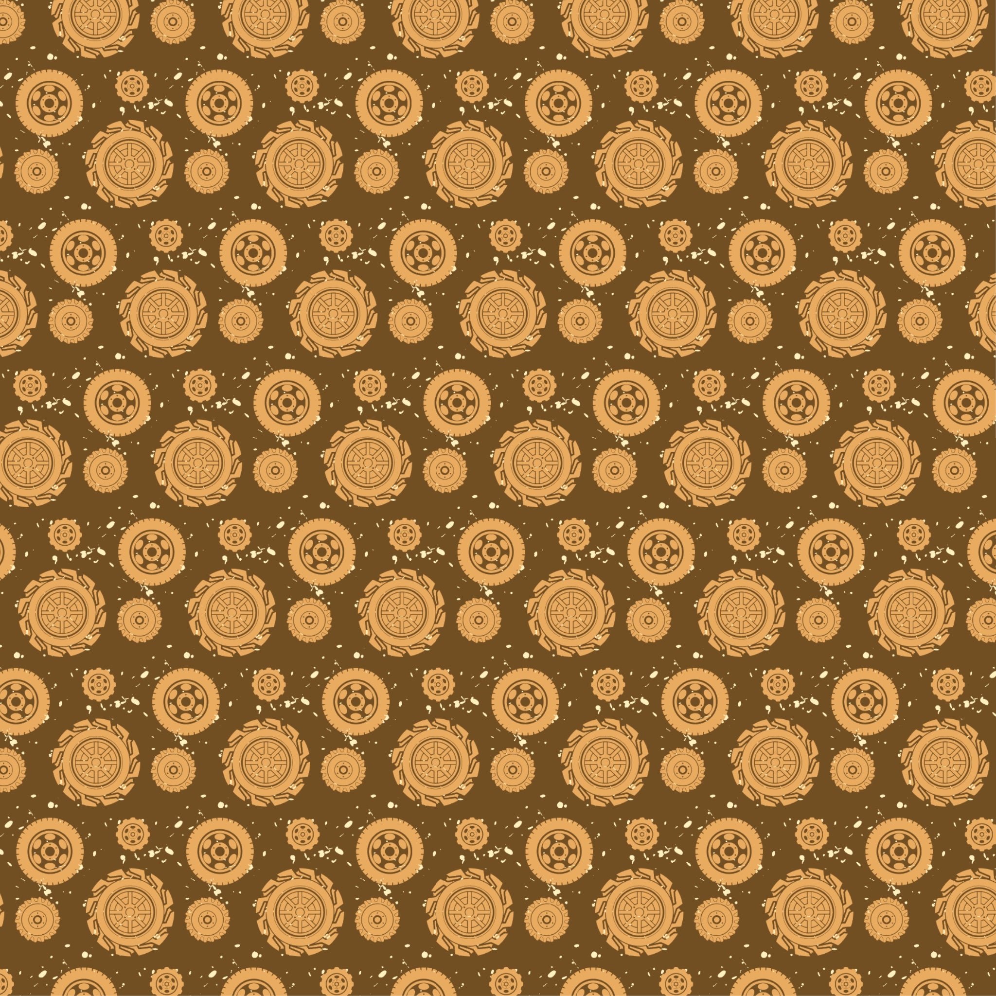 Australian outback wagon wheels on brown fabric with farm machinery and rural motifs for quilting, patchwork, and sewing