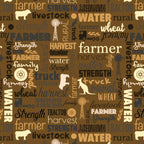 Australian farm words on brown fabric with Australiana text and outback phrases for quilting, patchwork, and sewing