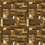 Australian farm words on brown fabric with Australiana text and outback phrases for quilting, patchwork, and sewing